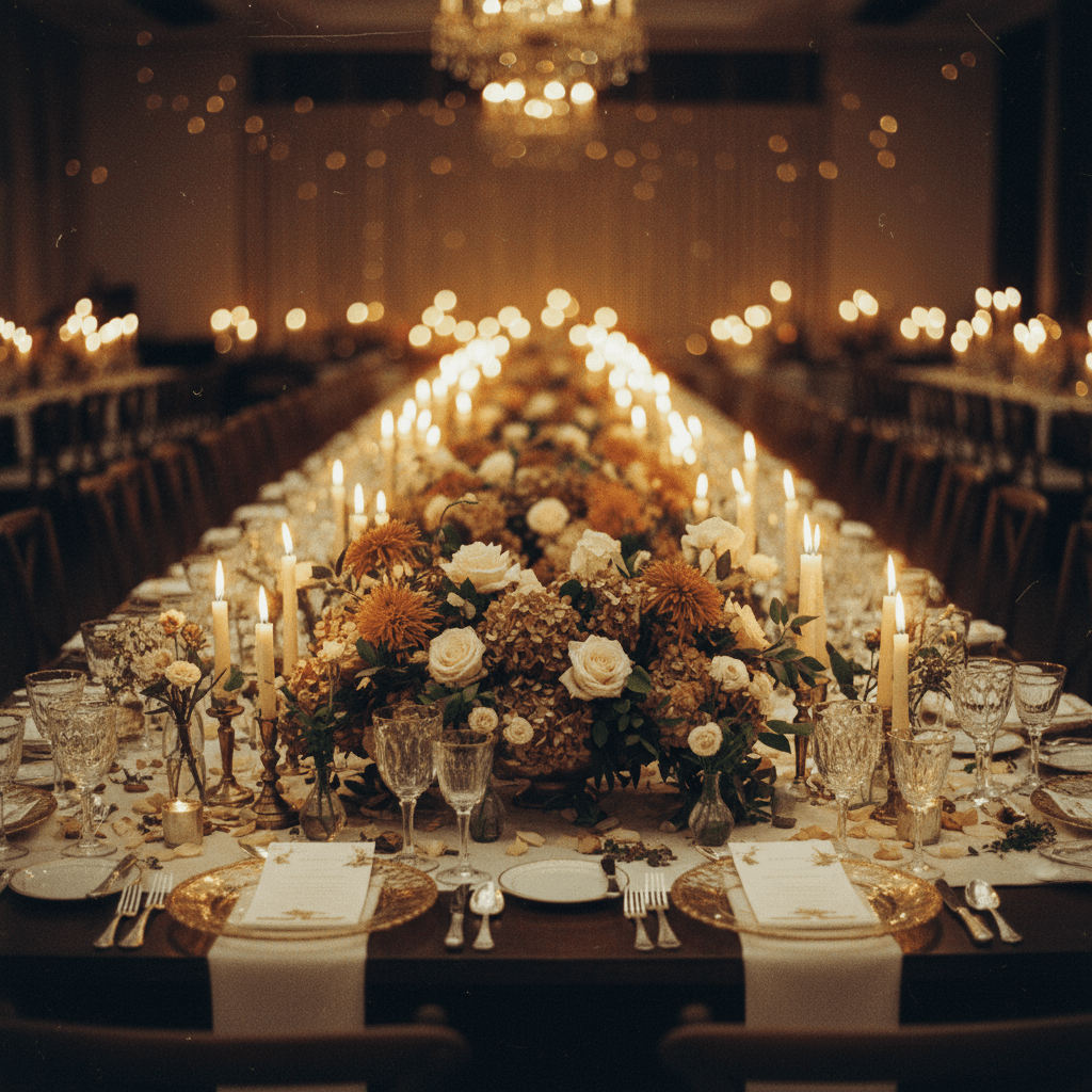 Reception table with lush centerpieces and candlelight