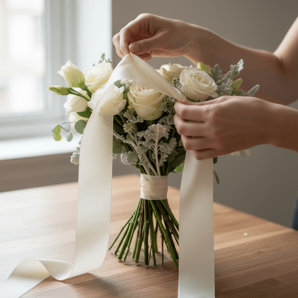 Florist's hands wrapping a bouquet stem with ivory ribbon