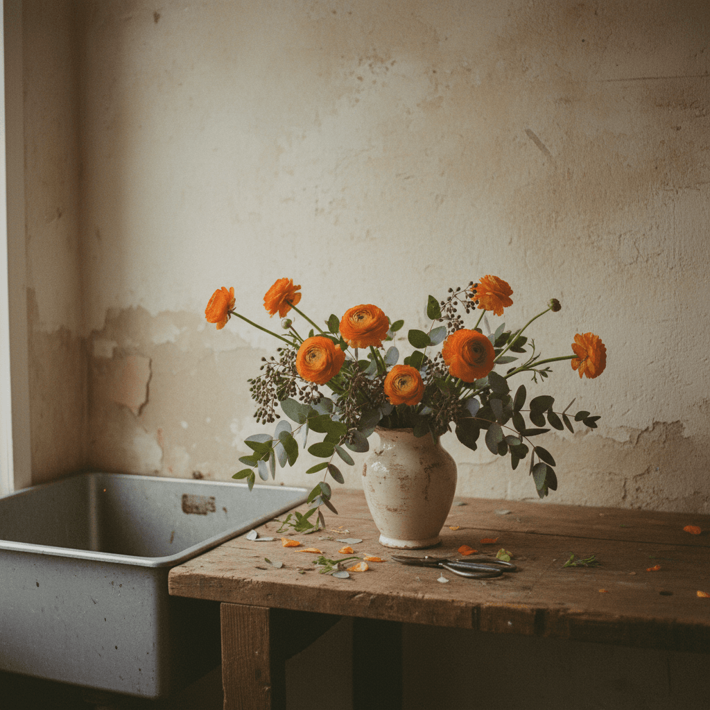 Wide shot of a florist's workbench with a half-finished arrangement, pruning shears, and sink