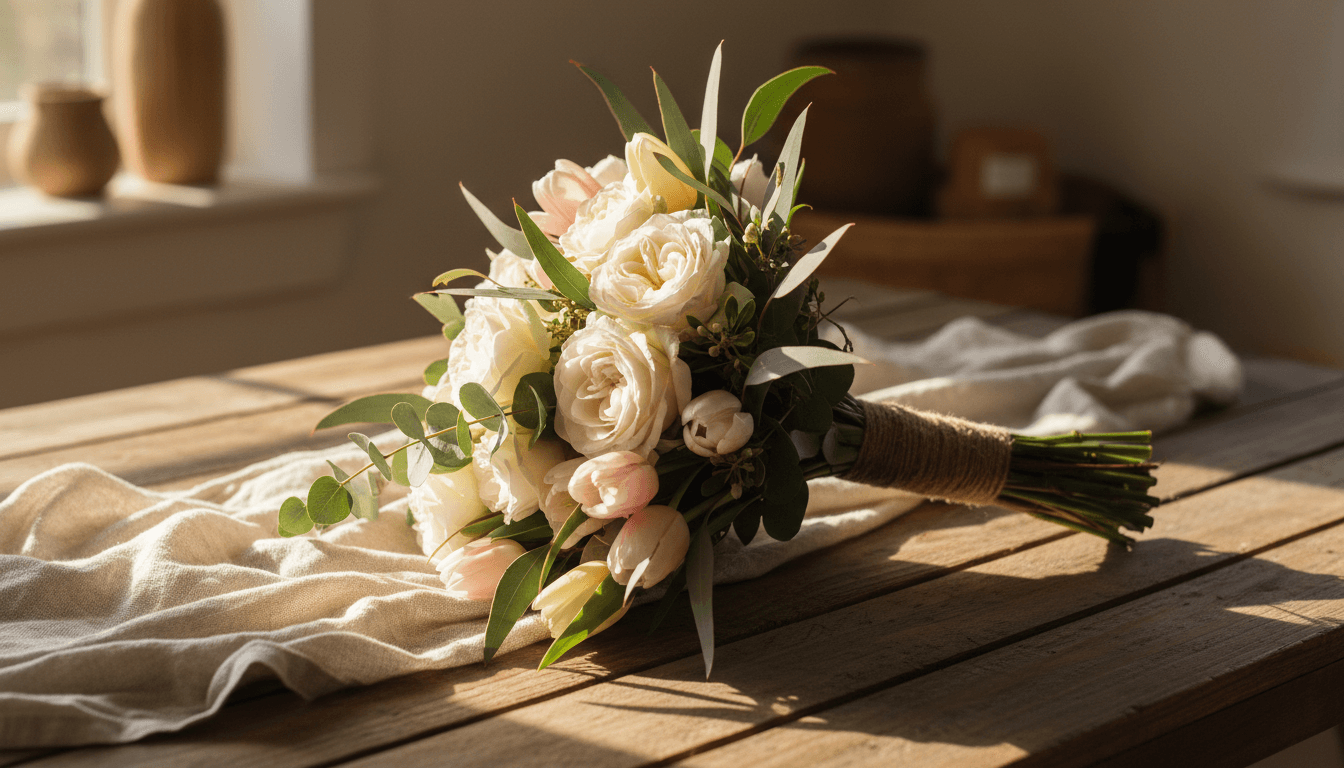 Hand-tied bridal bouquet resting on a wooden table in natural light