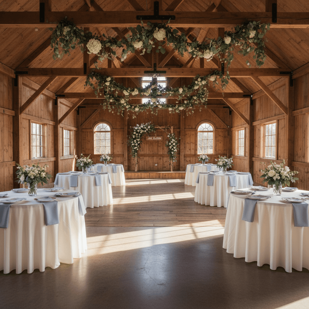 Barn venue with hanging greenery garlands and white blooms