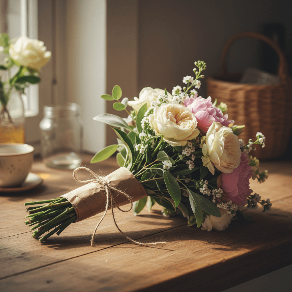 Hand-tied bouquet on a wooden countertop