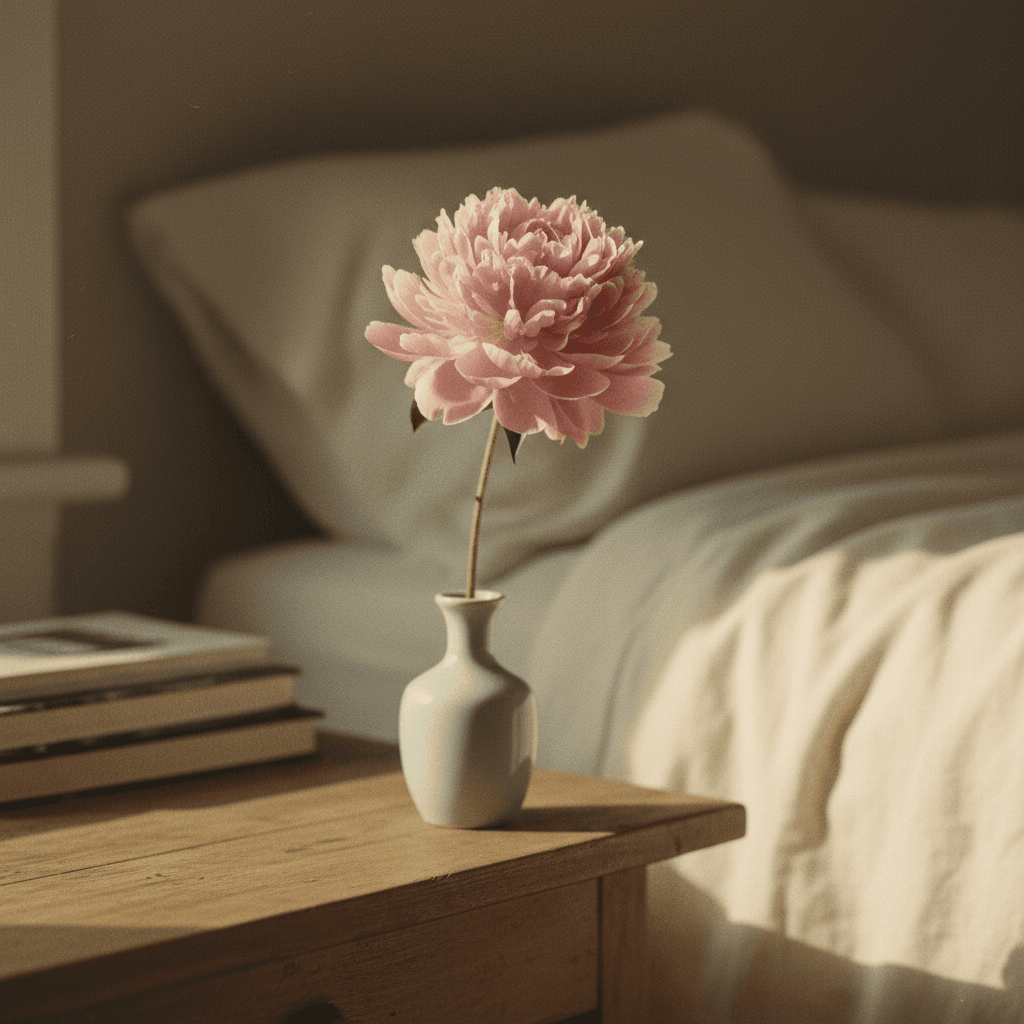 Single bloom in a bud vase on a bedside table