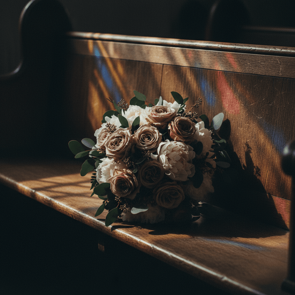 Wedding bouquet resting on a wooden church pew with stained glass shadows