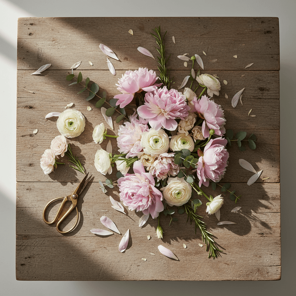 An overhead view of a mix of peonies and ranunculus on a wooden table with floral shears nearby