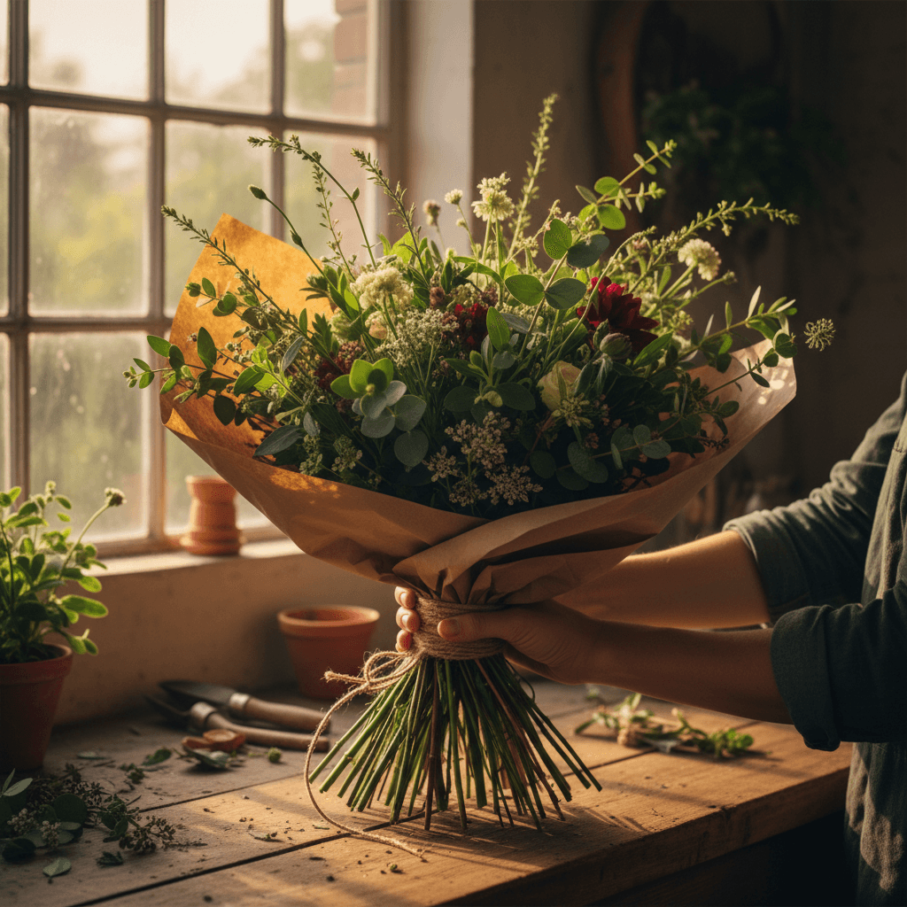 Hand-tied bouquet wrapped in kraft paper