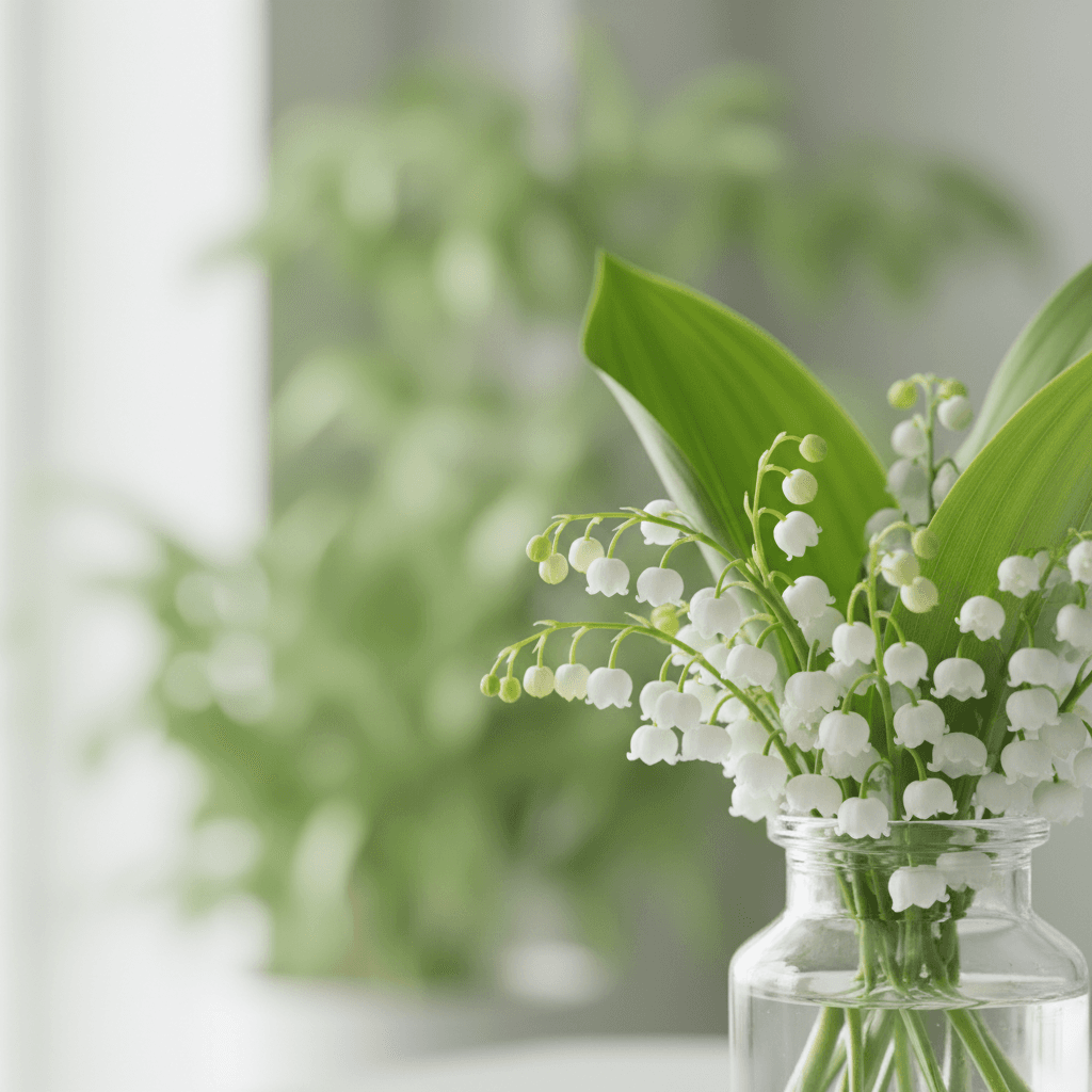 A low-angle close-up of a small vase of lilies of the valley against a soft green background