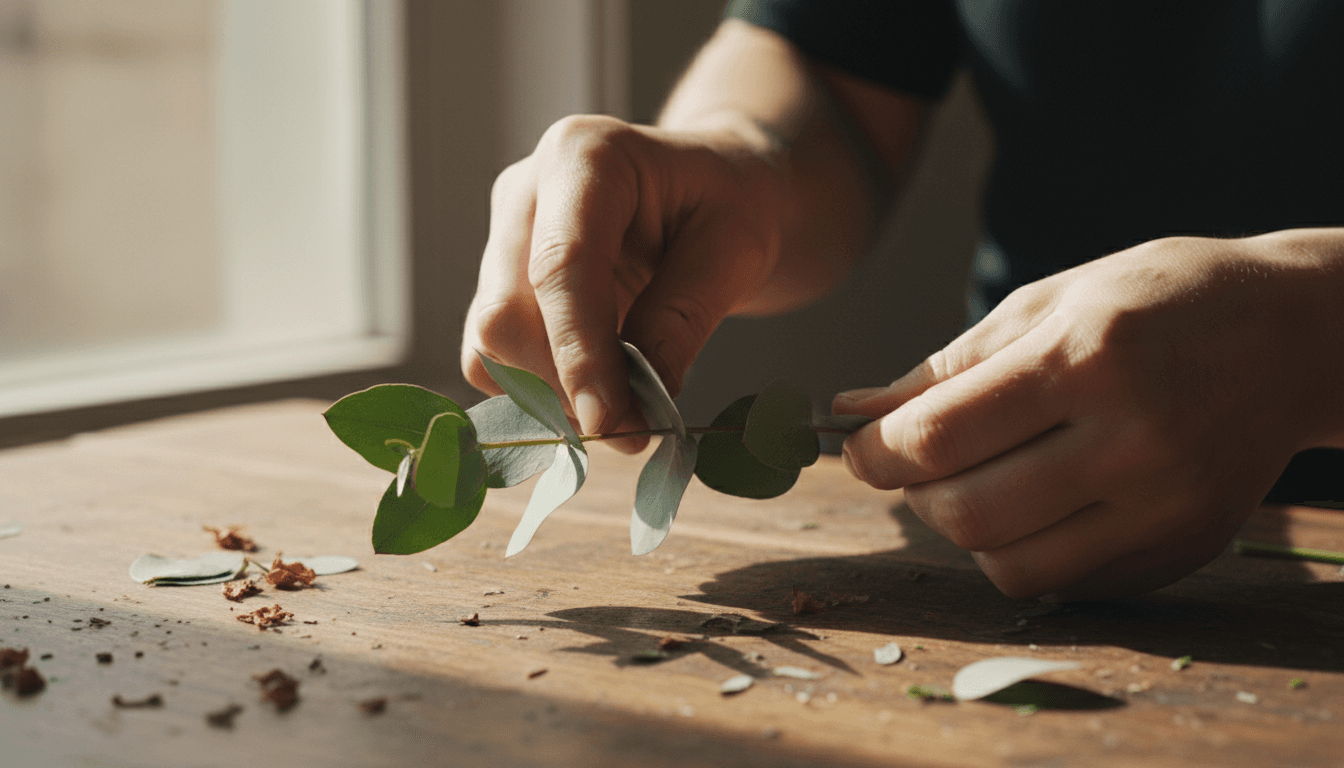 Close-up of hands holding a single eucalyptus stem