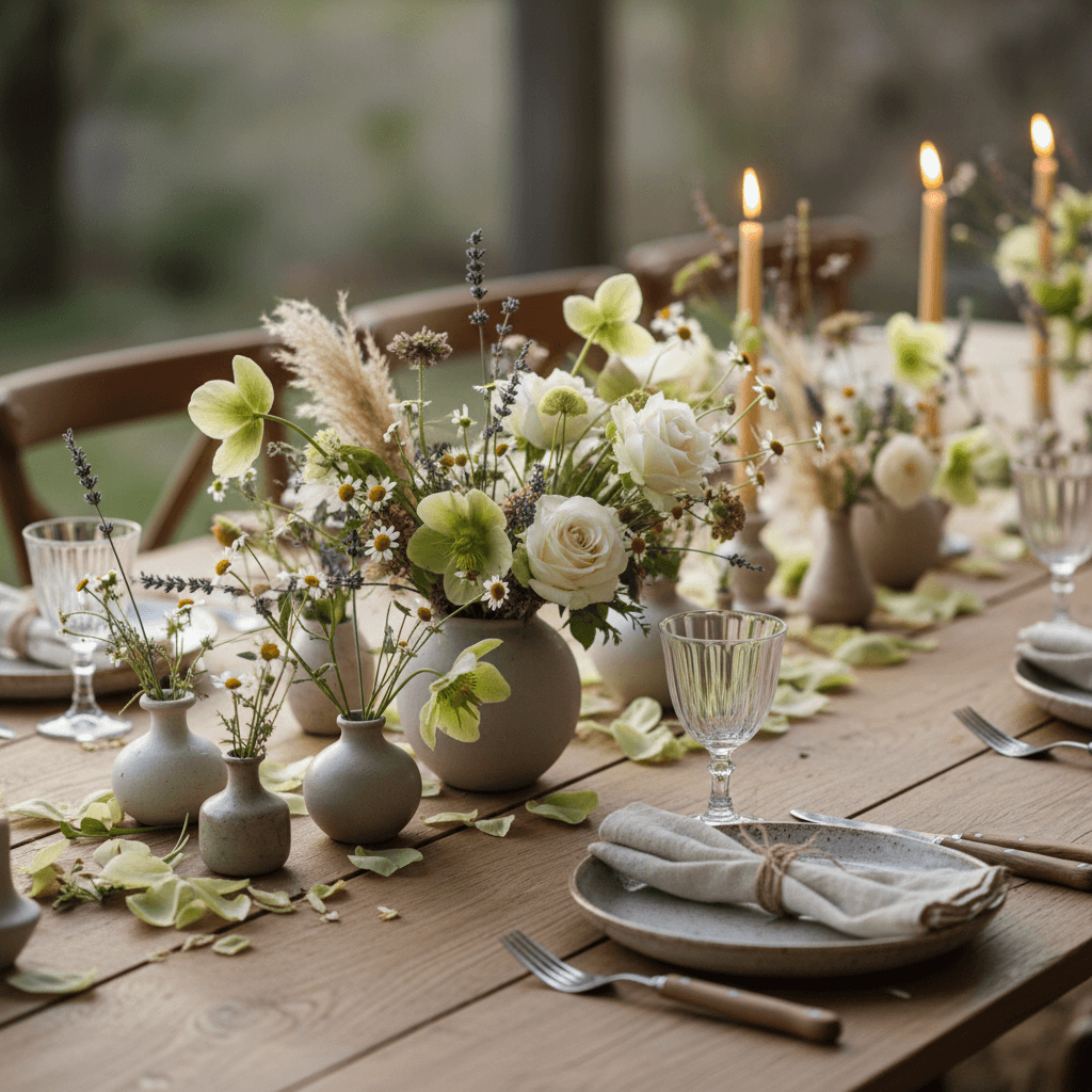 Dinner table centerpiece with hand-tied seasonal blooms in low ceramic vases