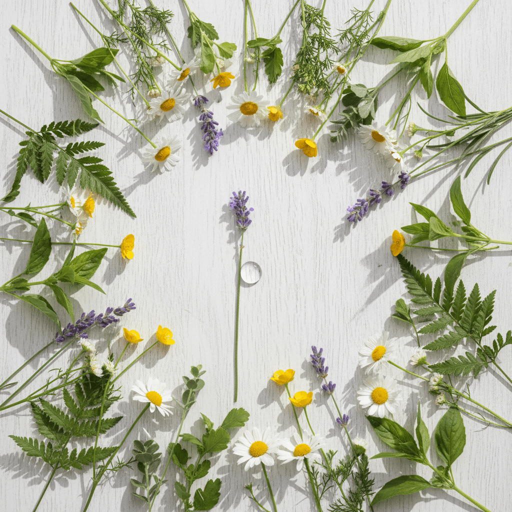 Seasonal wildflowers and greens spread on a tabletop