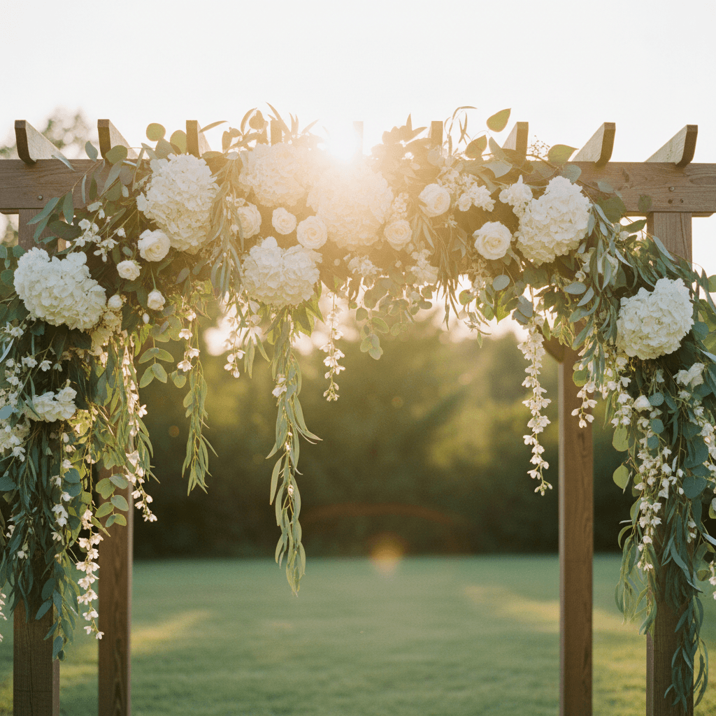Wedding arbor covered in white hydrangeas and trailing jasmine