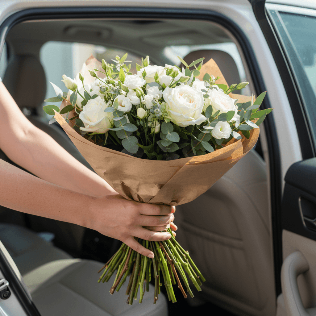 Wrapped bouquet being carried from a car