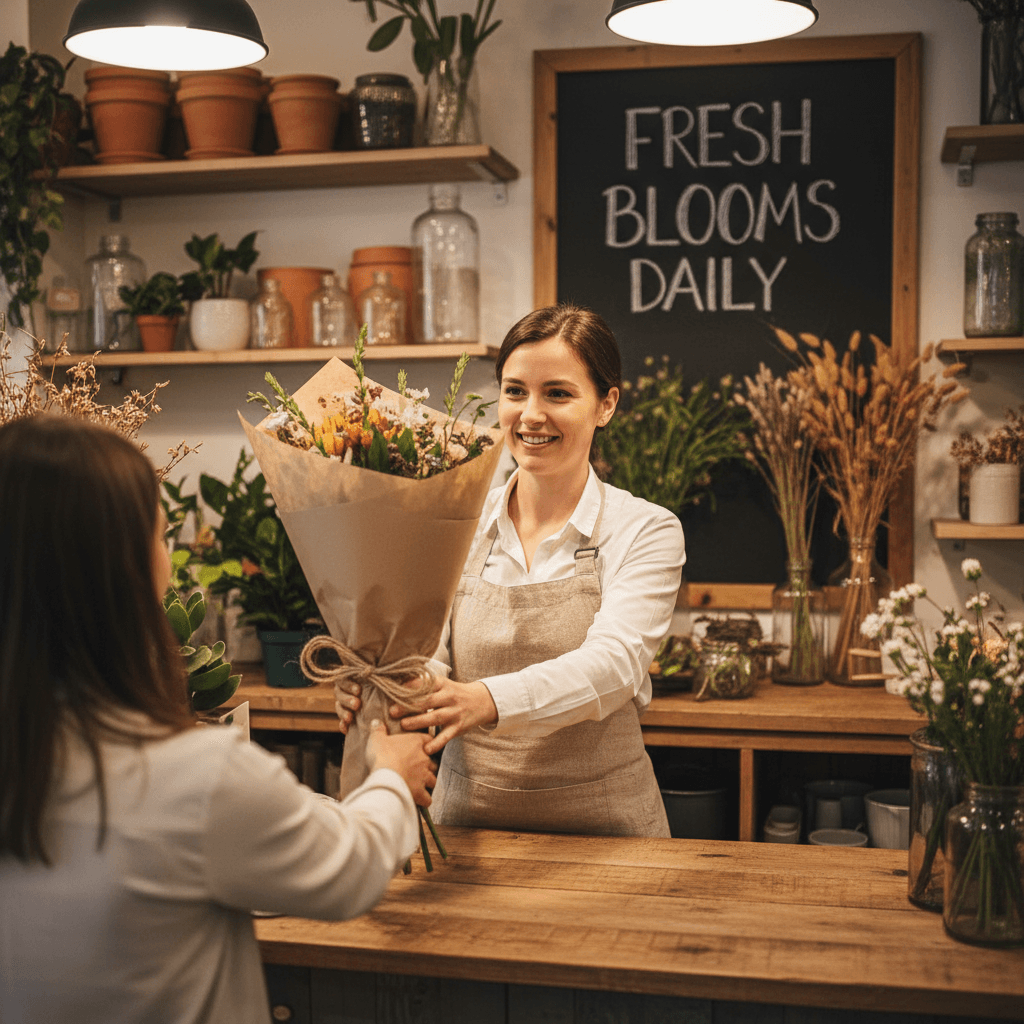 Customer receiving a bouquet at the shop counter
