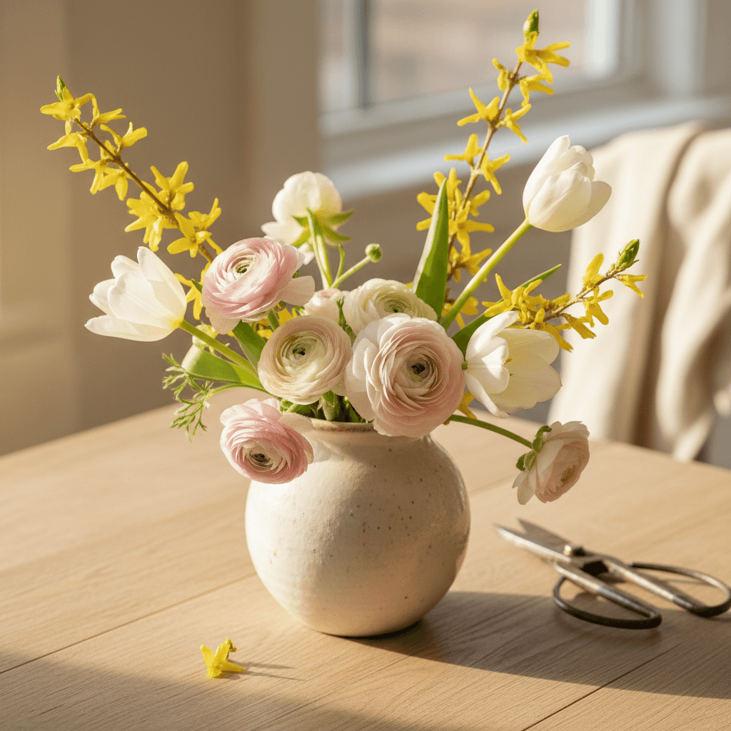 Spring tulips and ranunculus in a ceramic vase
