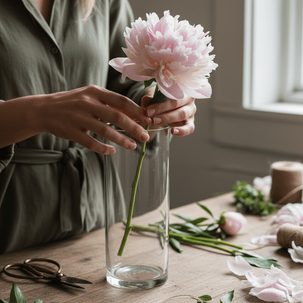 Florist's hands placing peonies into a glass vase