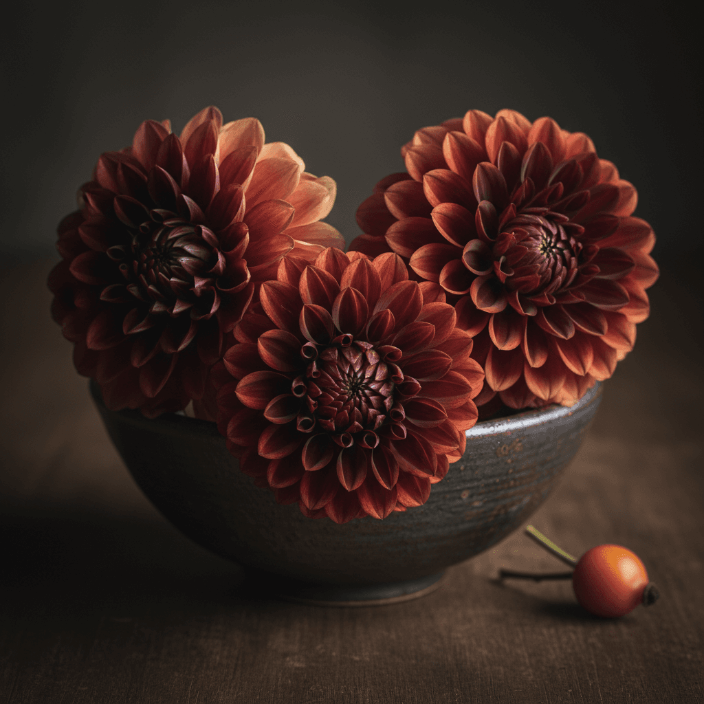 Deep burgundy dahlia arrangement in a ceramic bowl