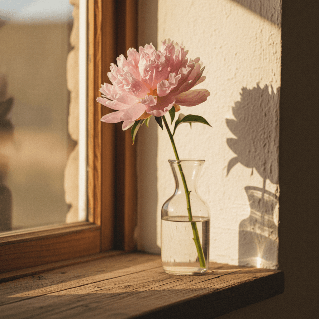 Single flower stem in a glass vase on a windowsill