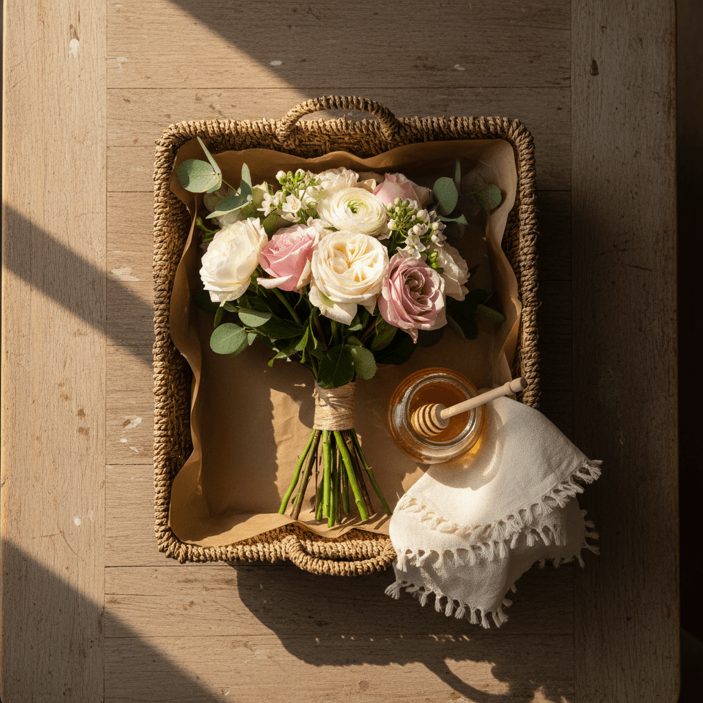 Gift basket with hand-tied blooms, honey, and a linen napkin arranged on a wooden table