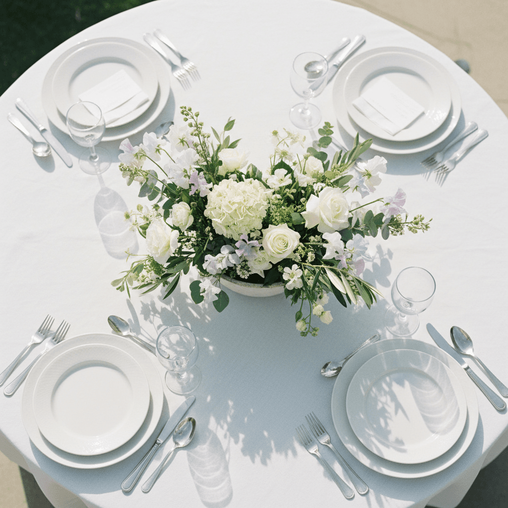 Overhead view of a seasonal floral centerpiece on a reception table