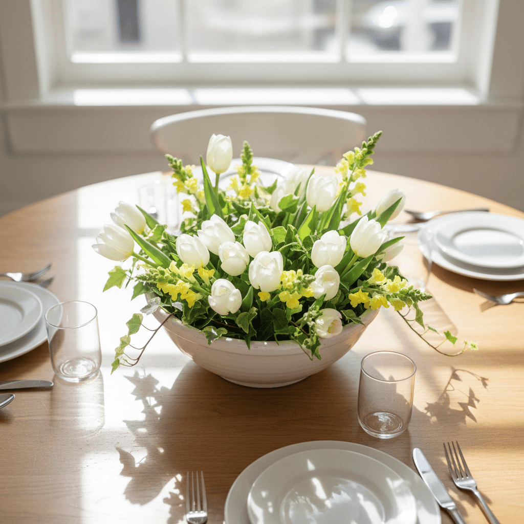 Overhead view of a dinner table with a low ceramic bowl centerpiece of white tulips and snapdragons