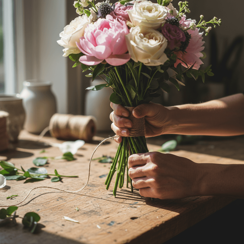 Hand-tied bouquet being wrapped with twine