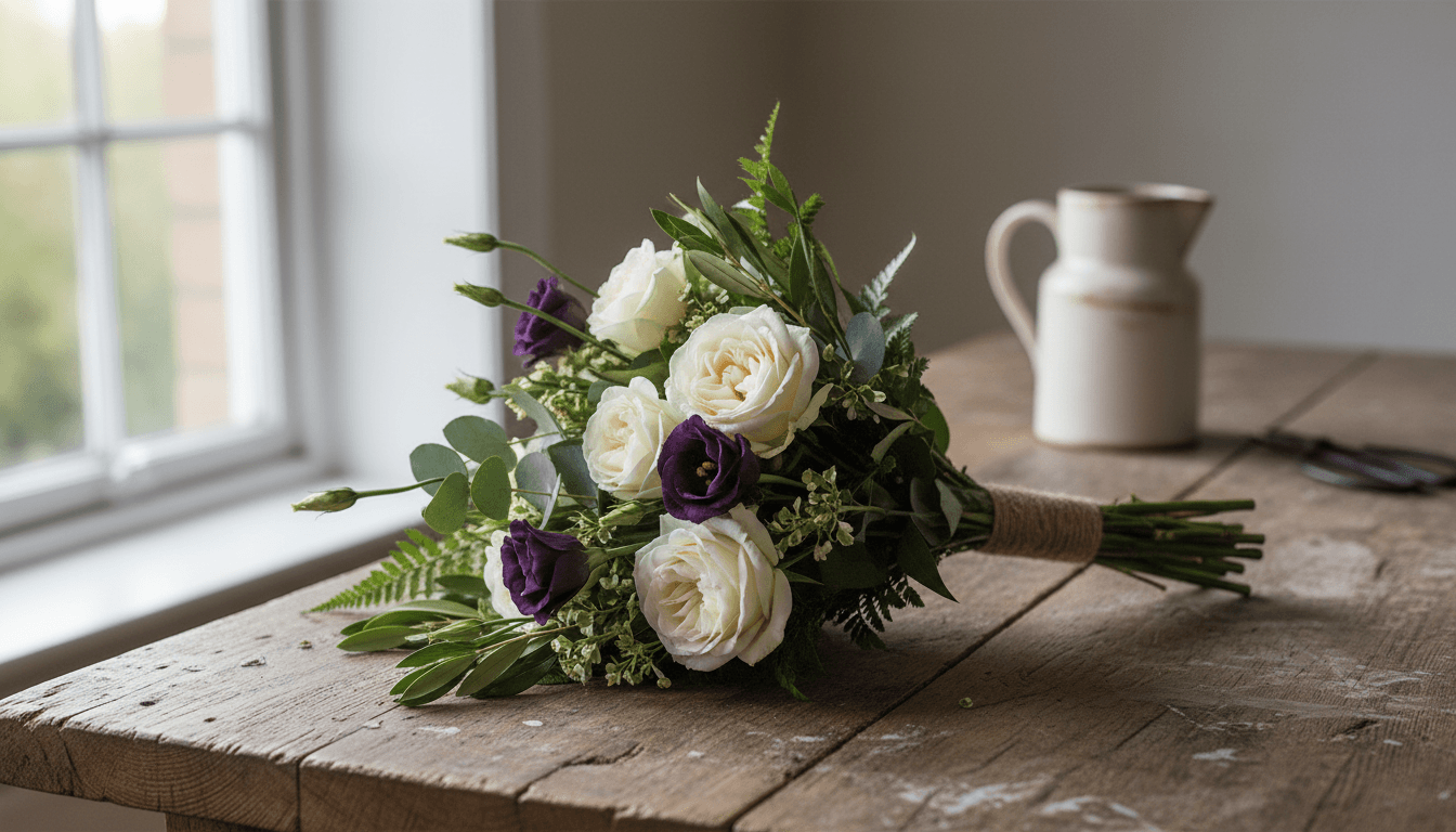 Hand-tied bouquet of garden roses and greenery