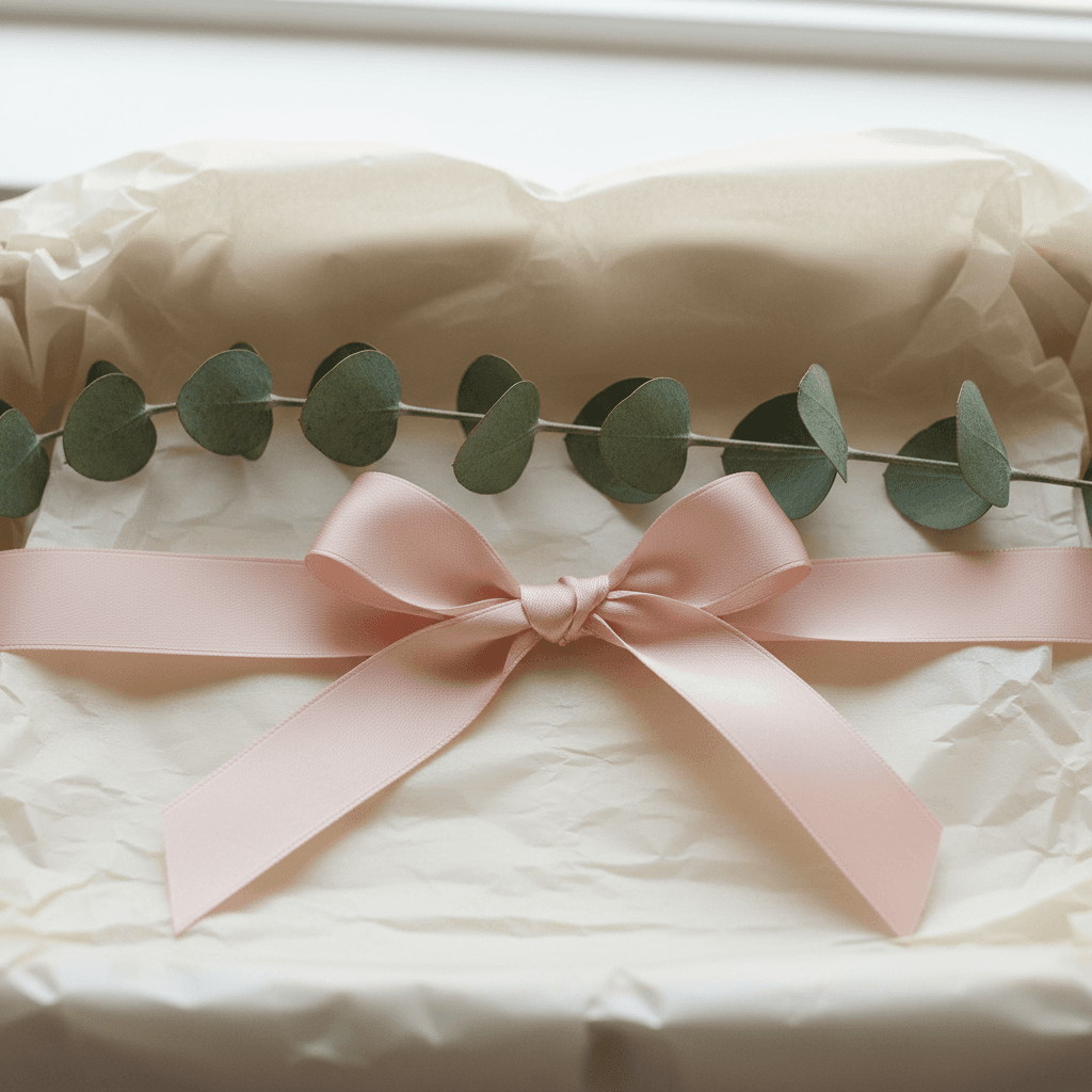Close-up of tissue paper, eucalyptus sprig, and ribbon inside a gift basket