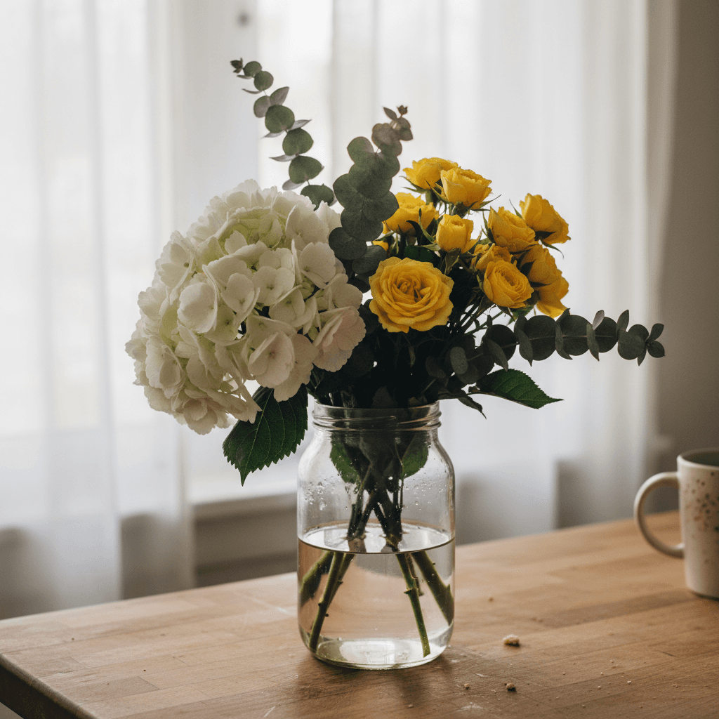 A casual jar vase filled with white hydrangeas and yellow roses on a kitchen counter