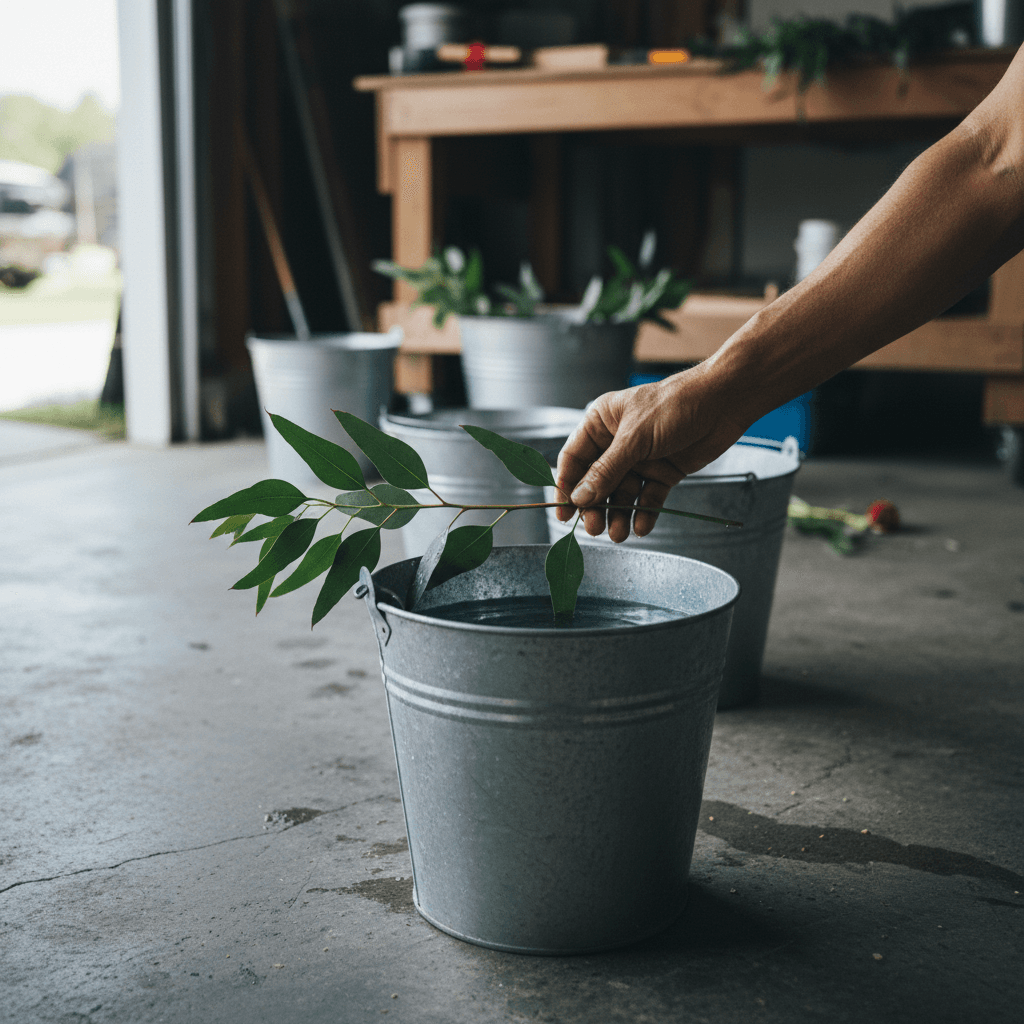 A hand reaching into a metal bucket of water to pick up a stem of greenery