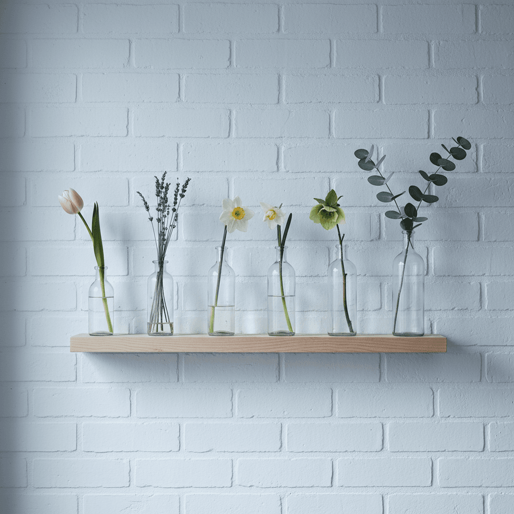 Single stems displayed in glass bottles on a shelf