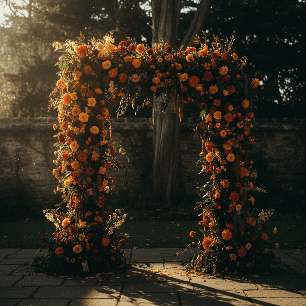 Flower-covered ceremony arch in garden