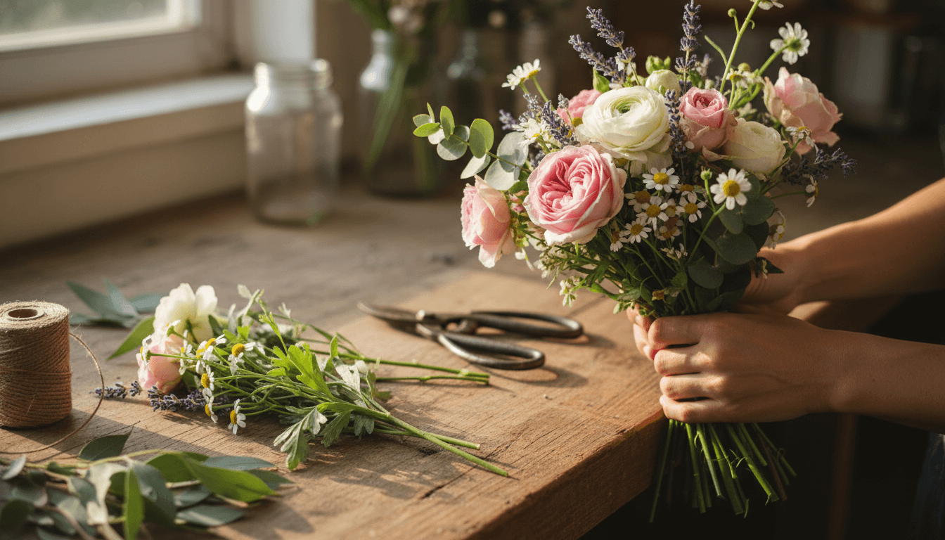 Fresh flowers being arranged into a hand-tied bouquet on a wooden workbench