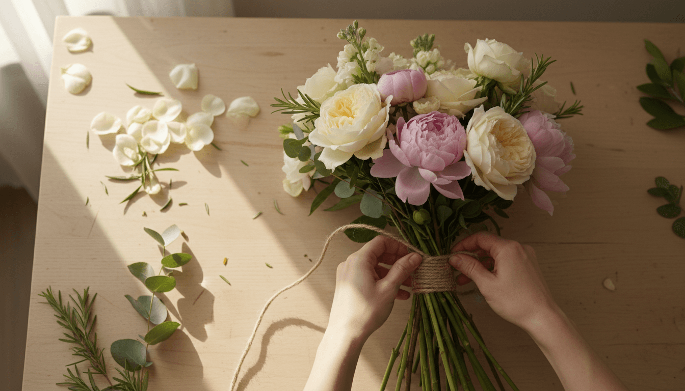 Hands tying a bundle of fresh seasonal flowers with twine on a wooden table