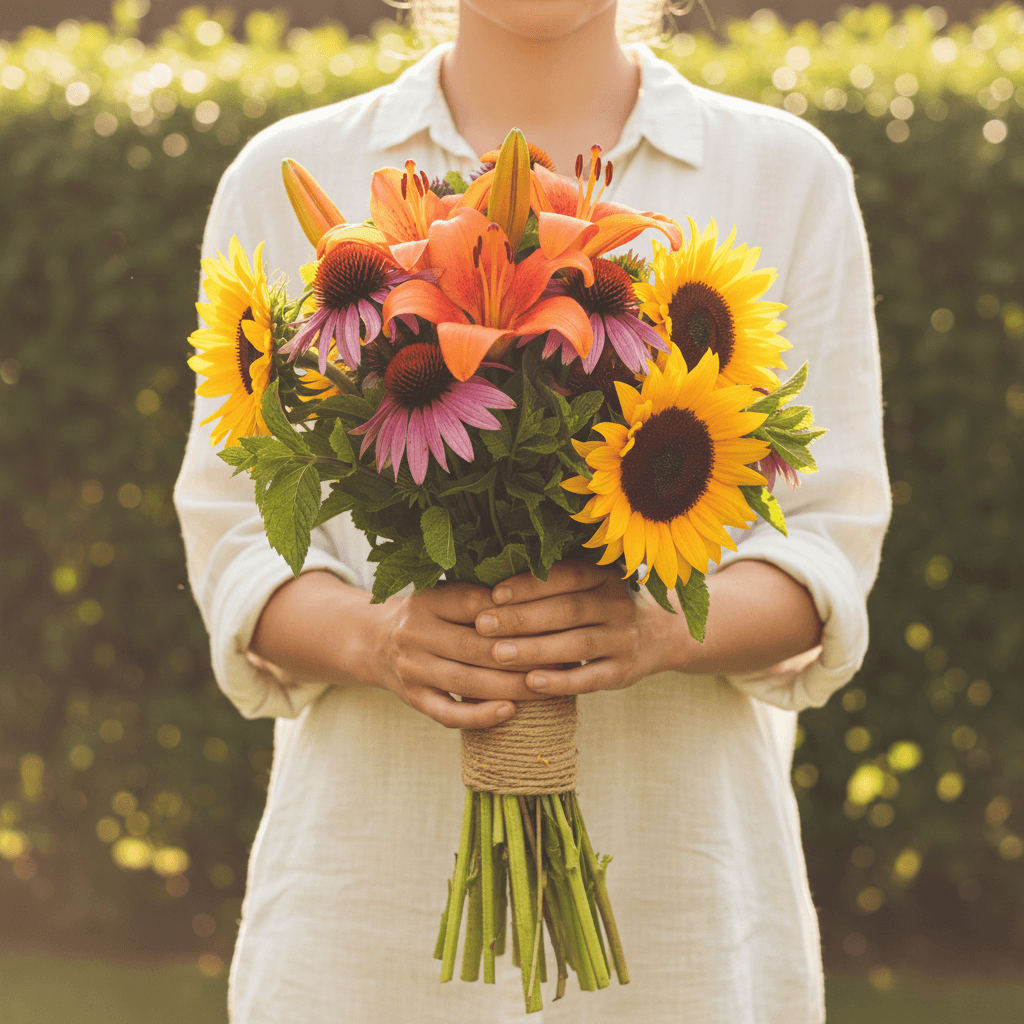Hand-tied summer bouquet of sunflowers and zinnias