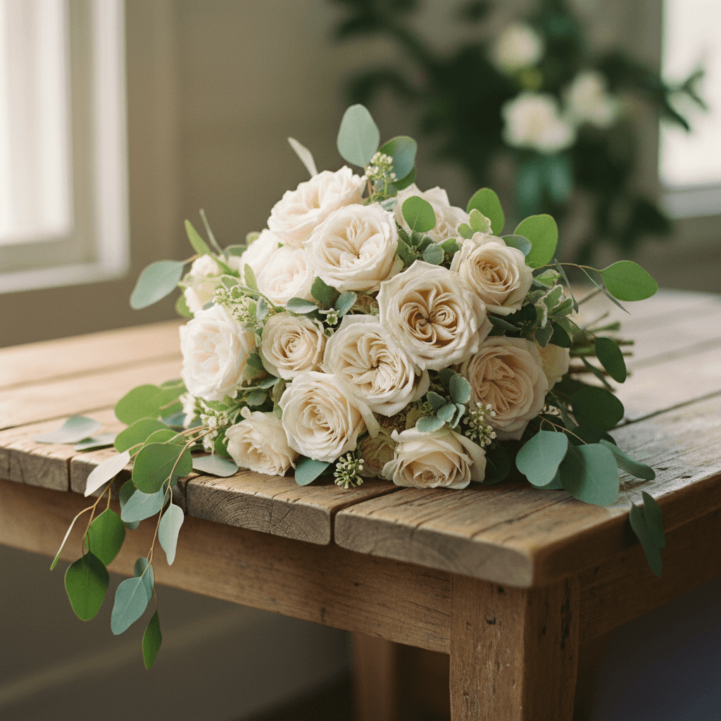 Hand-tied bridal bouquet of garden roses and eucalyptus on a wooden table
