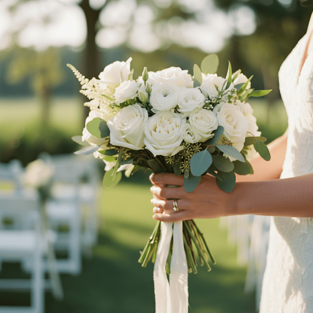 Hand-tied bridal bouquet in soft morning light