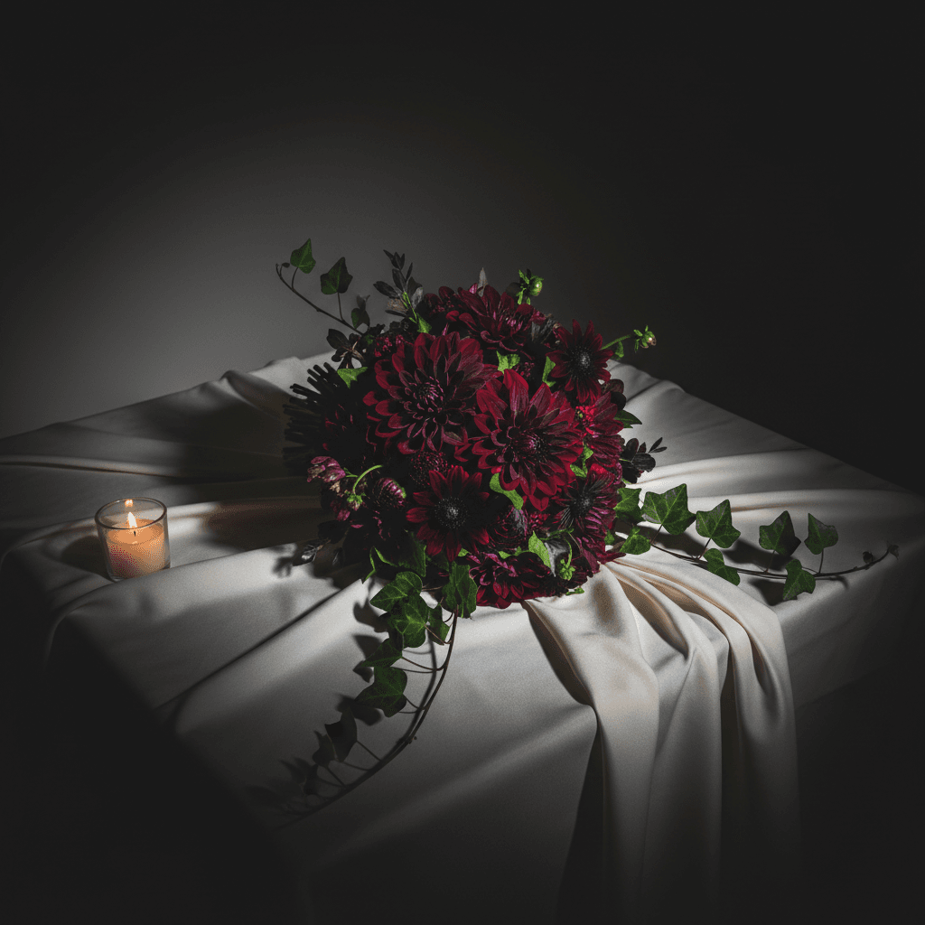 Dark burgundy dahlia bridal bouquet on silk