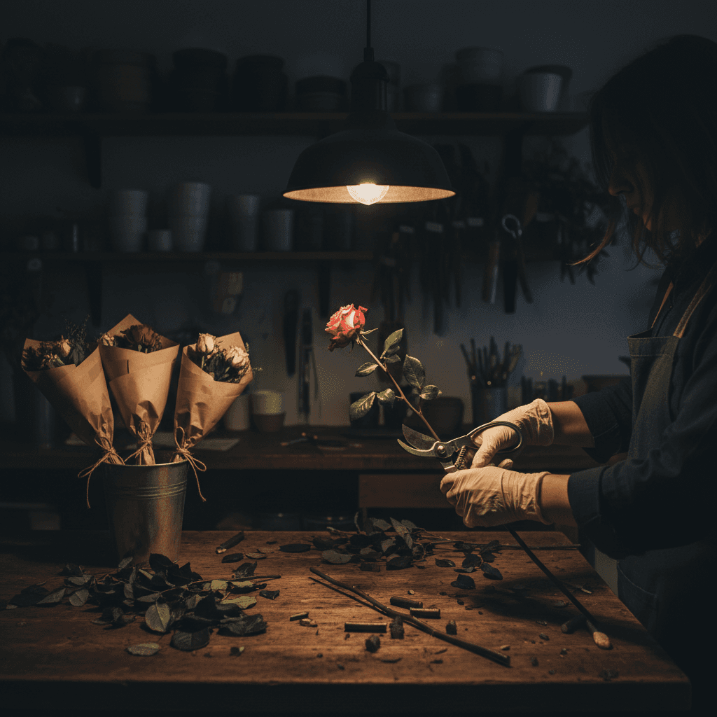 Florist's hands trimming stems at a workbench