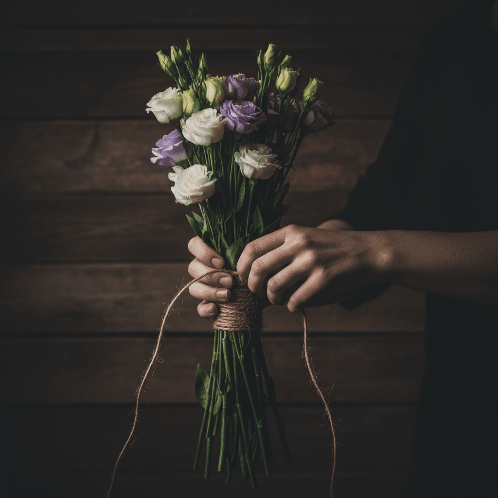 Close-up of hands tying jute twine around a bundle of lavender and white lisianthus stems