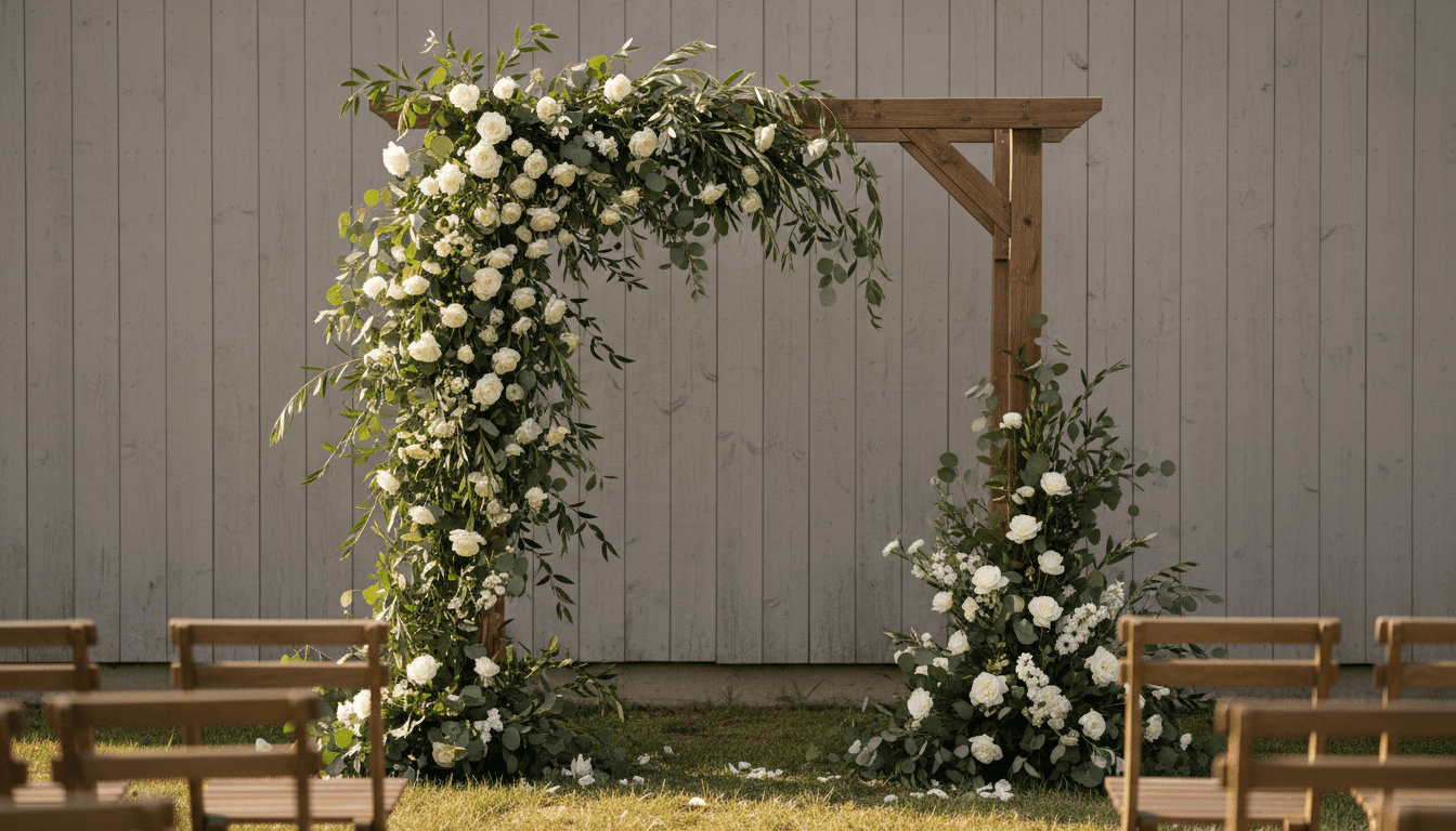 Greenery and white flower arch for a wedding ceremony