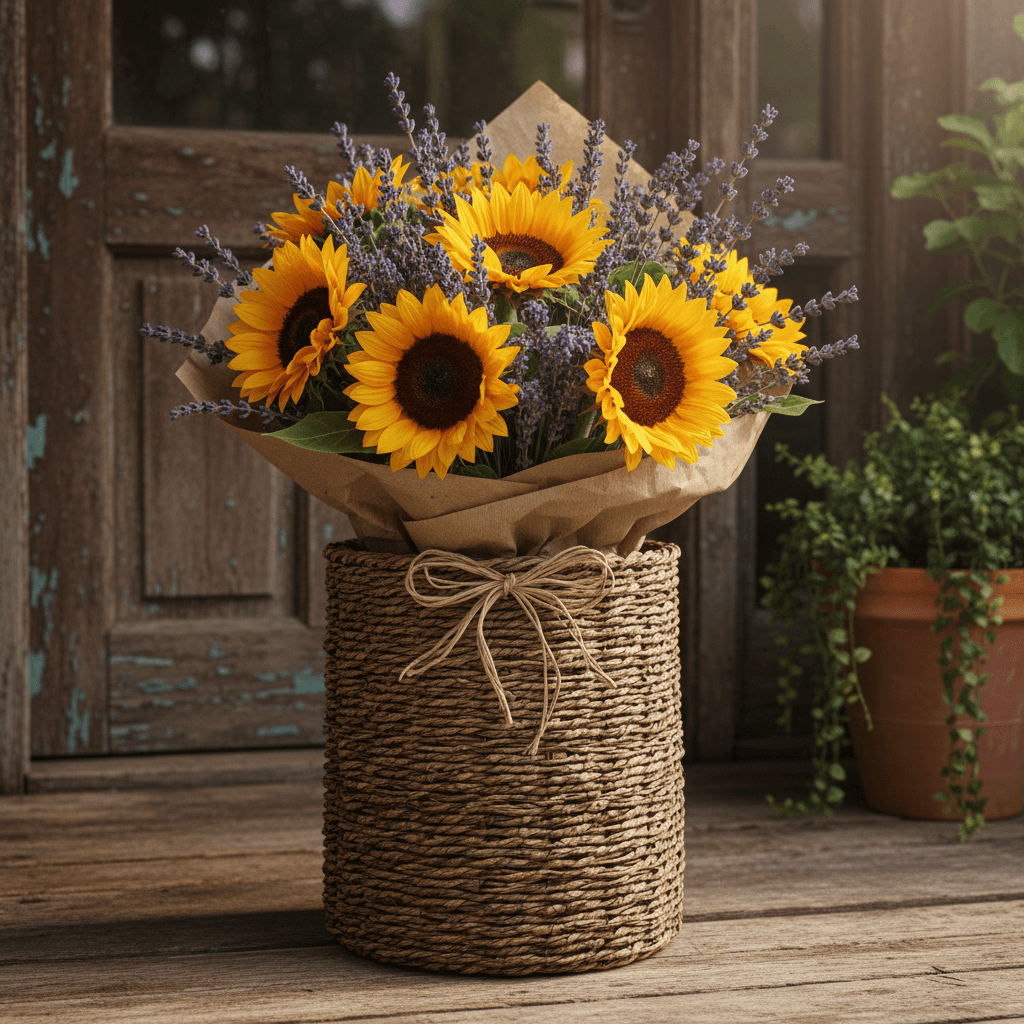 Gift basket with sunflowers and lavender displayed on a front porch