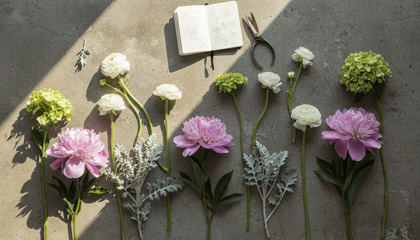 Flat lay of cut flower stems arranged on a concrete counter