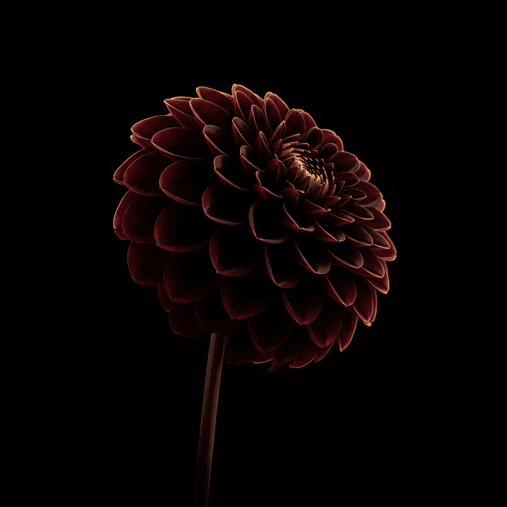 A single dark burgundy dahlia flower lit from one side against a black background