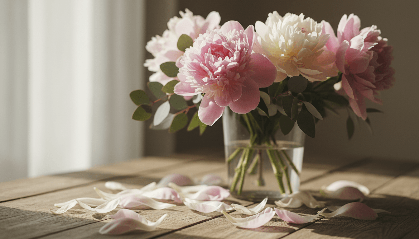 Fresh-cut peonies and eucalyptus in a glass vase on a wooden table, natural morning light