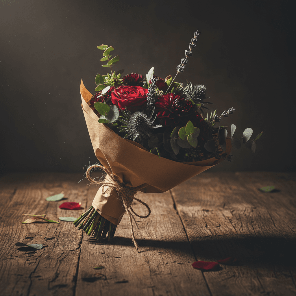 Bouquet wrapped in brown paper with twine