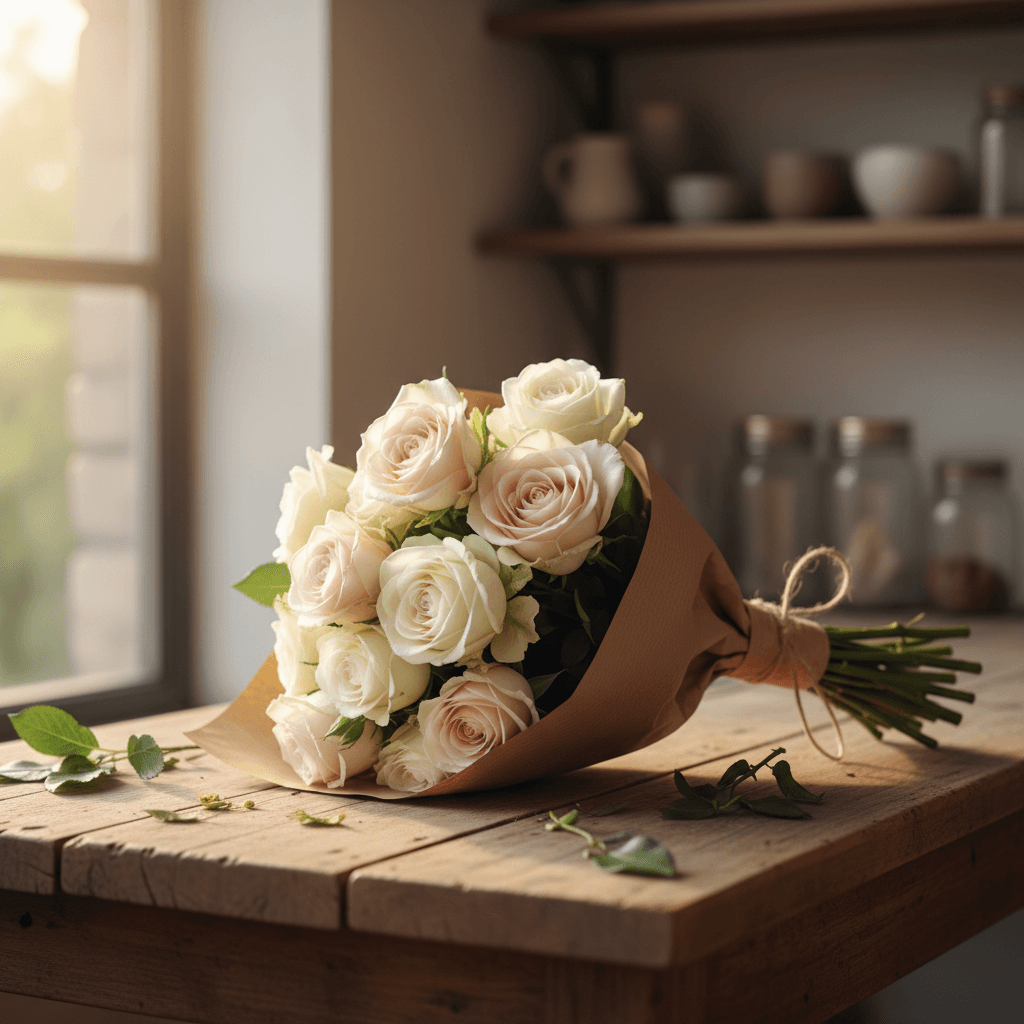 Hand-tied bouquet of cream and blush roses wrapped in kraft paper on a wooden table