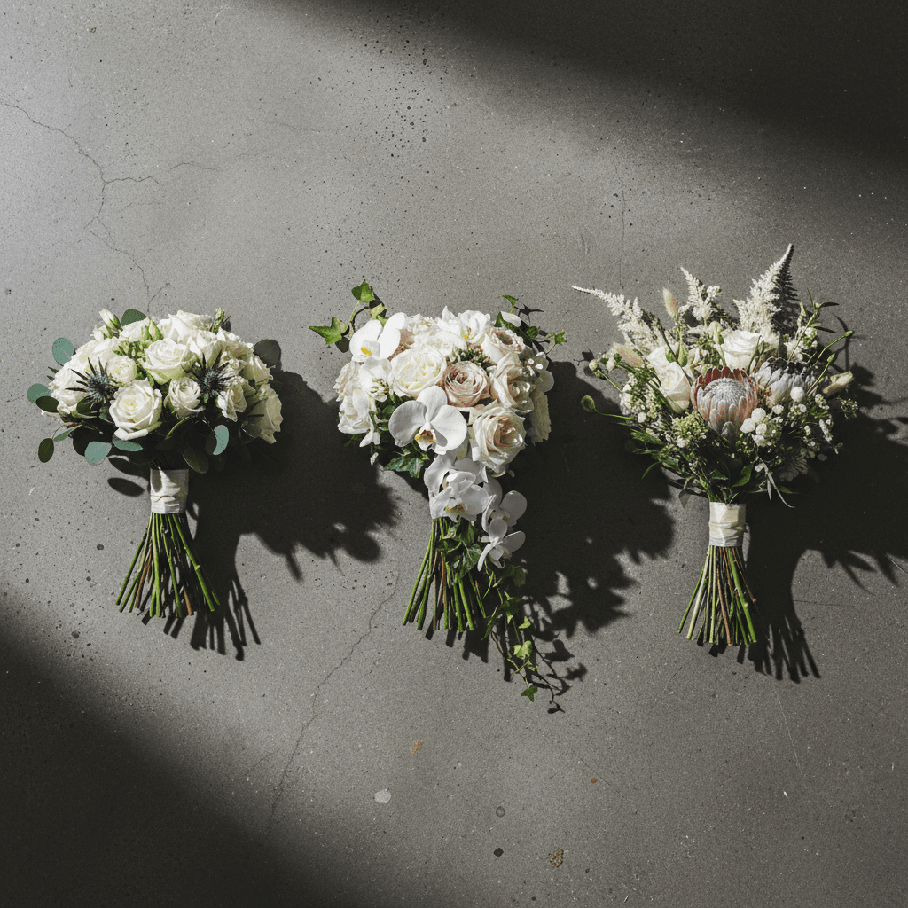 Three different bridal bouquet styles on concrete