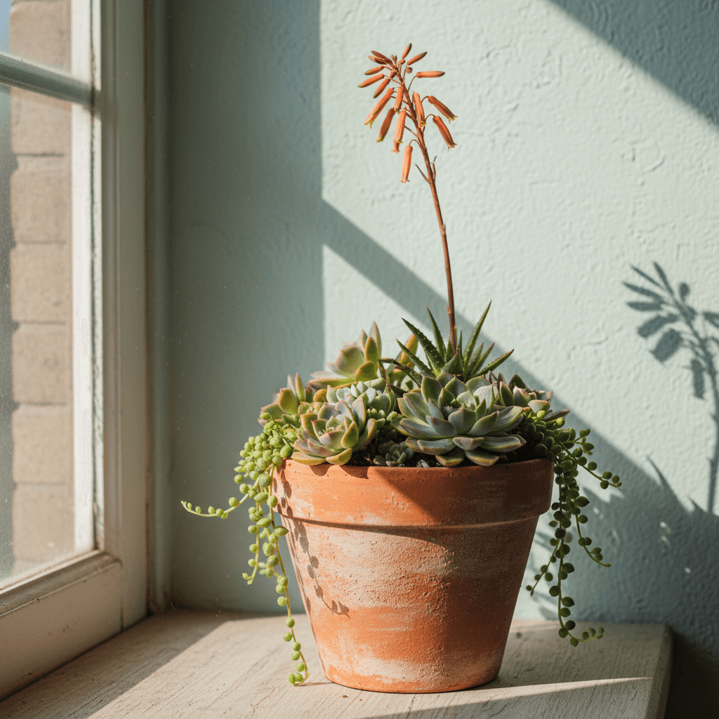 Terra cotta pot with mixed succulents and flowering aloe on a windowsill in morning light