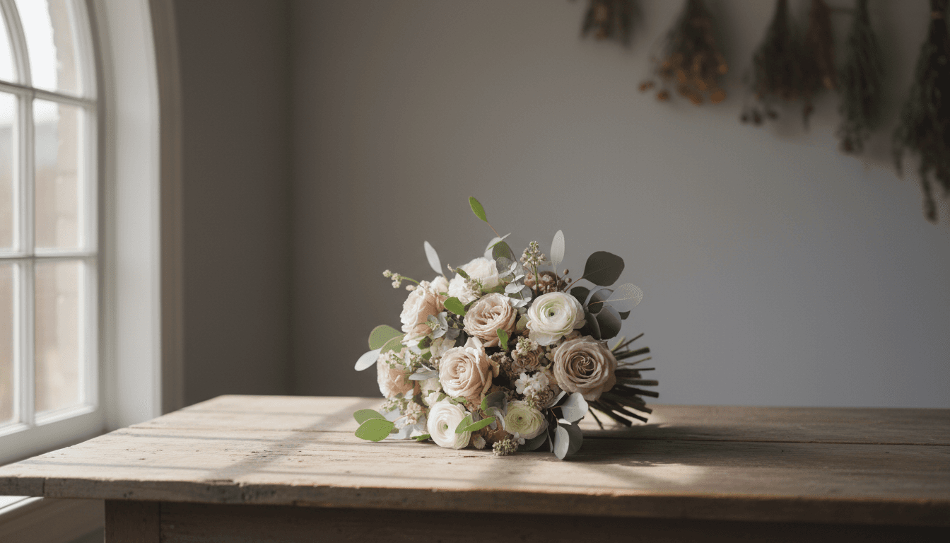 Hand-tied seasonal bouquet on a wooden table in soft morning light