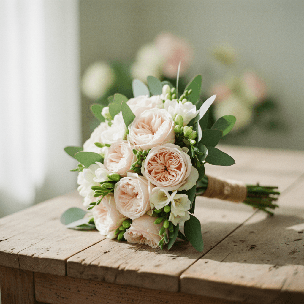Hand-tied blush garden rose bouquet on wooden table